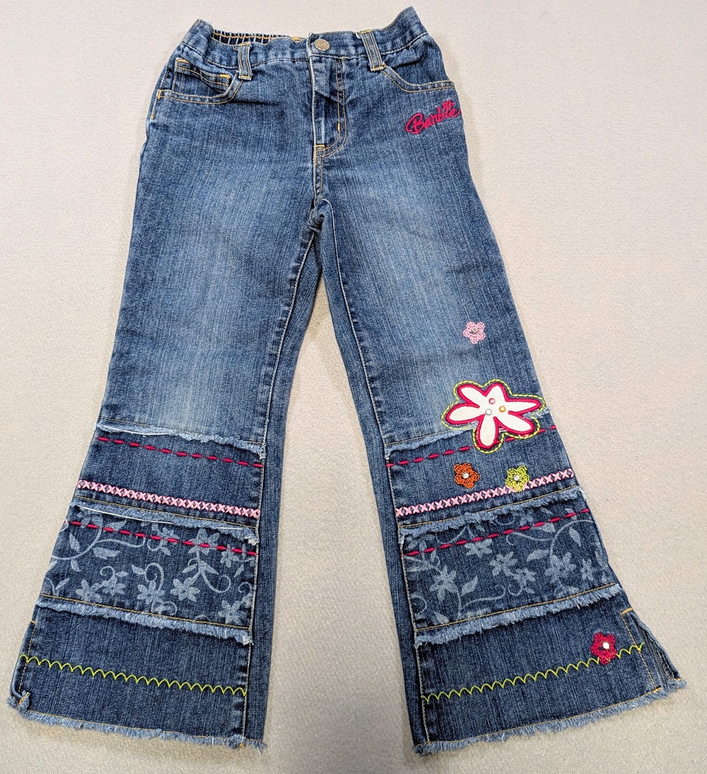 Vintage Barbie Jeans Girls 6 Flare Embroidered Floral Fairycore Retro Denim